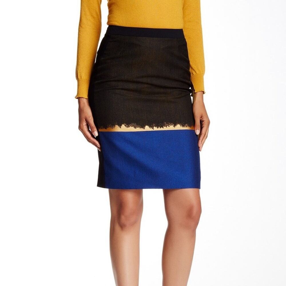 Hugo Boss Olive Fantasy Blue Dolena Colorblock Pencil Skirt Size 8